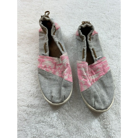 TOMS Chambray Bimini Shoes 6Y/Womens 7 Pink/Grey Slip On Casual Geo Textile - Picture 2 of 7